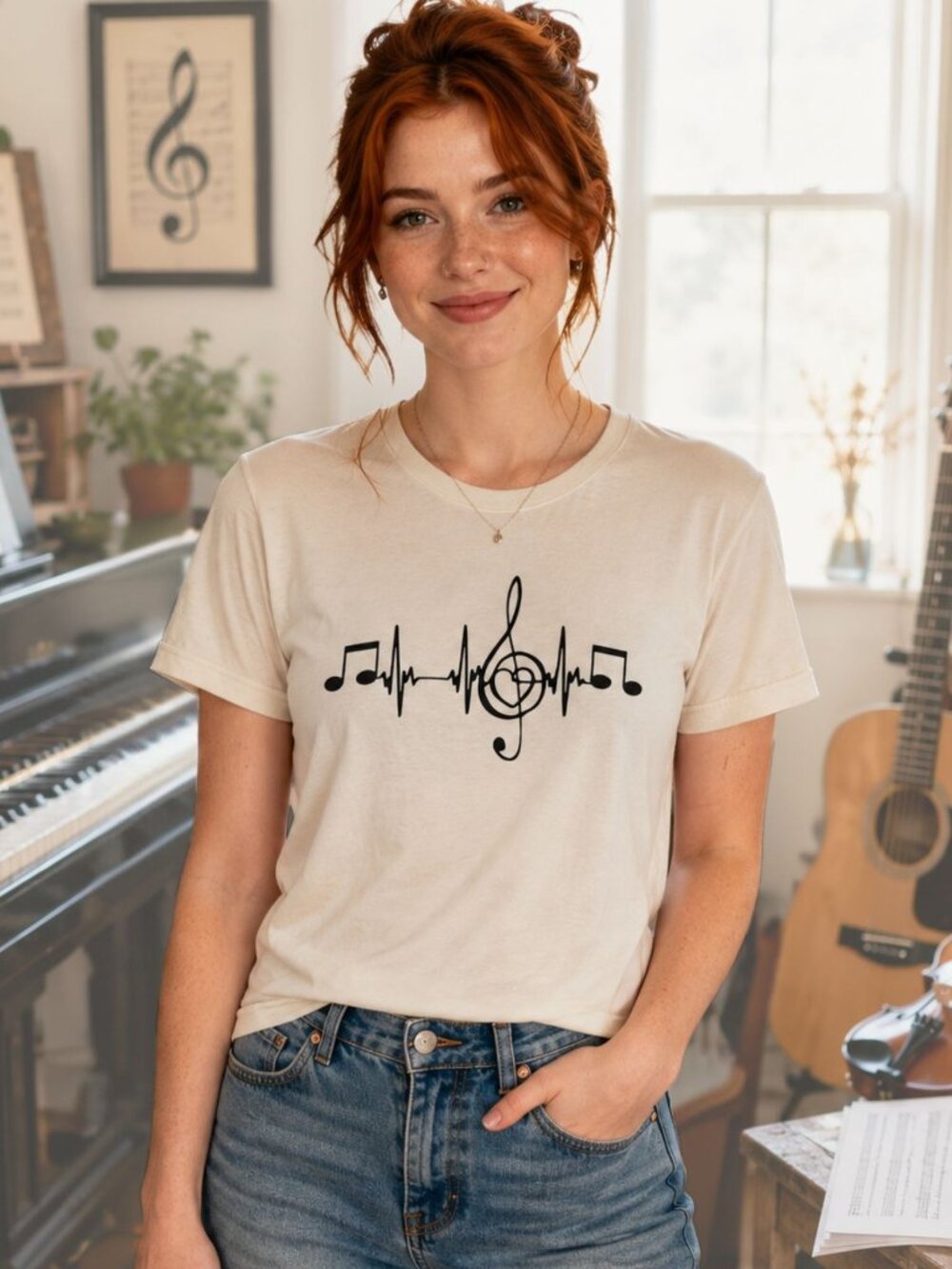 Music Heartbeat Tee Size S Cream Treble Clef Graphic Music Lover Shirt
